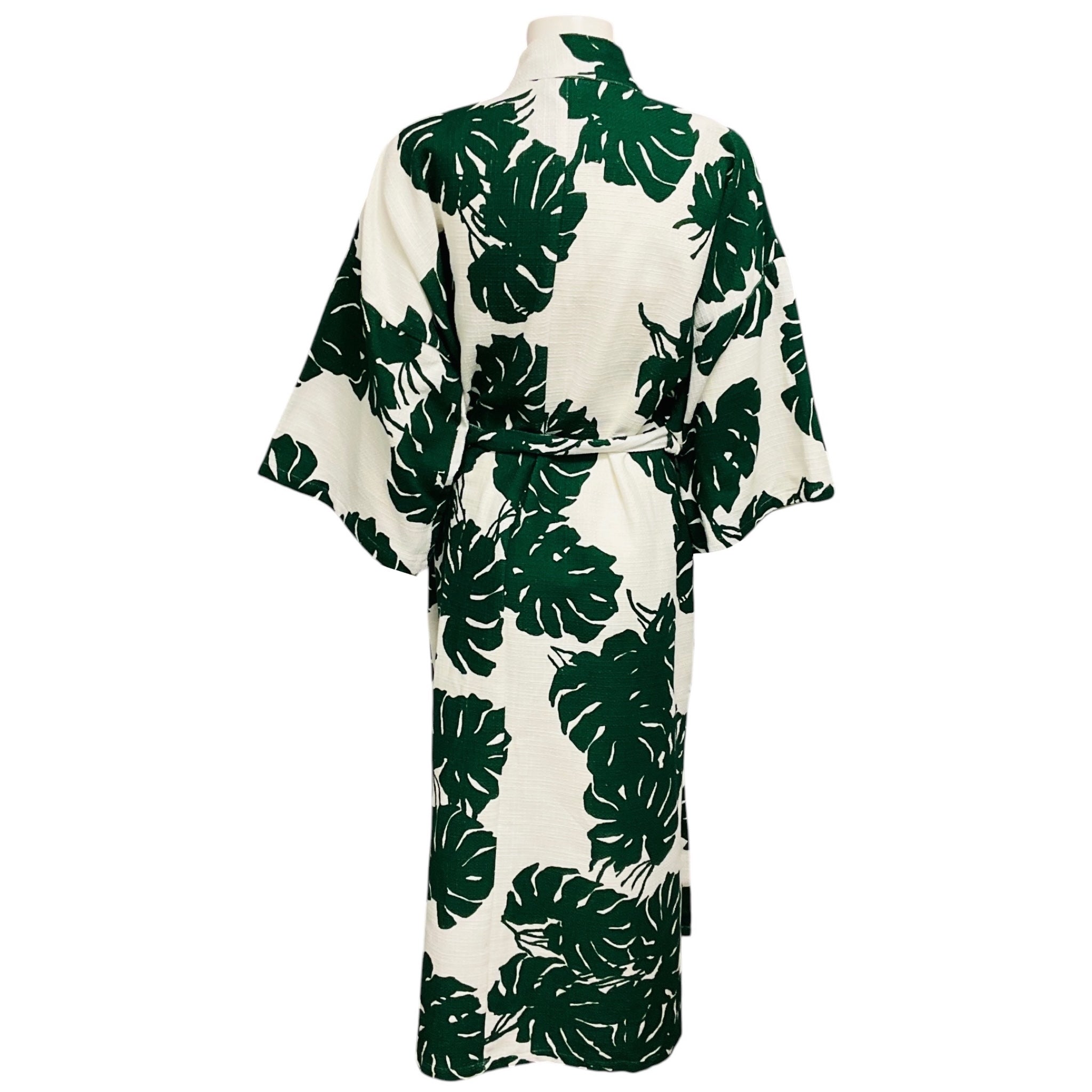 La DoubleJ x Six Senses Rome Green / White / Black Vogue Embroidered Leaf Print Cotton Robe with Belt