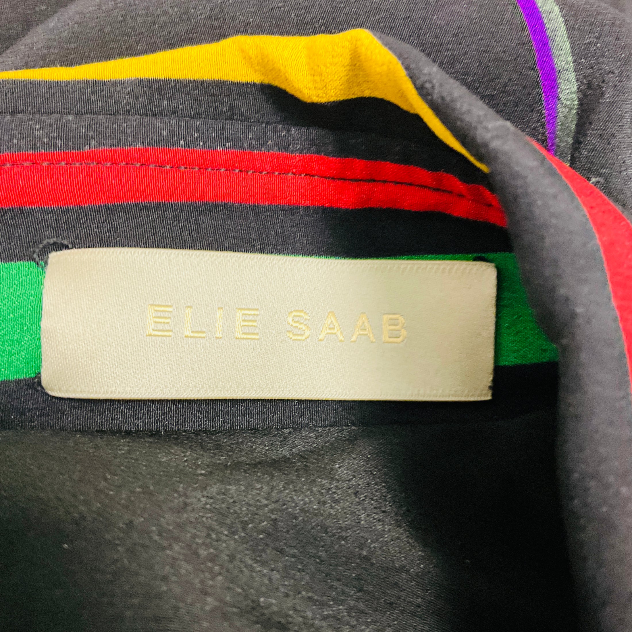 Elie Saab Black / Yellow / Red / Green Multi Leaf Print Silk Maxi Dress