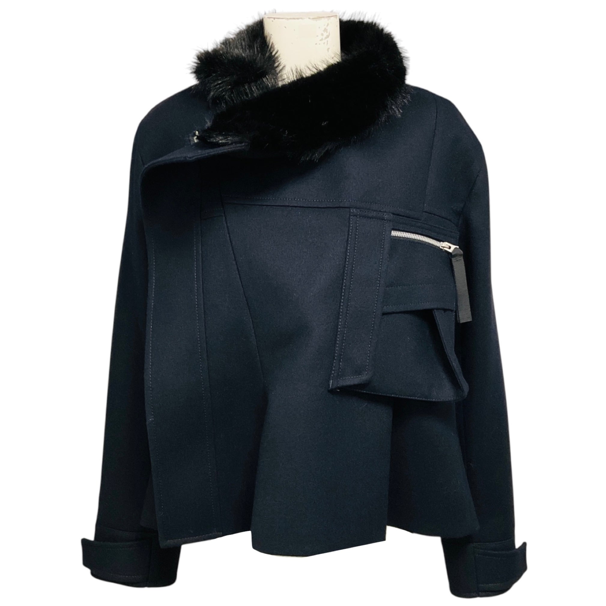 Sacai Navy Blue Wool Melton Blouson Jacket with Black Faux Fur Trim