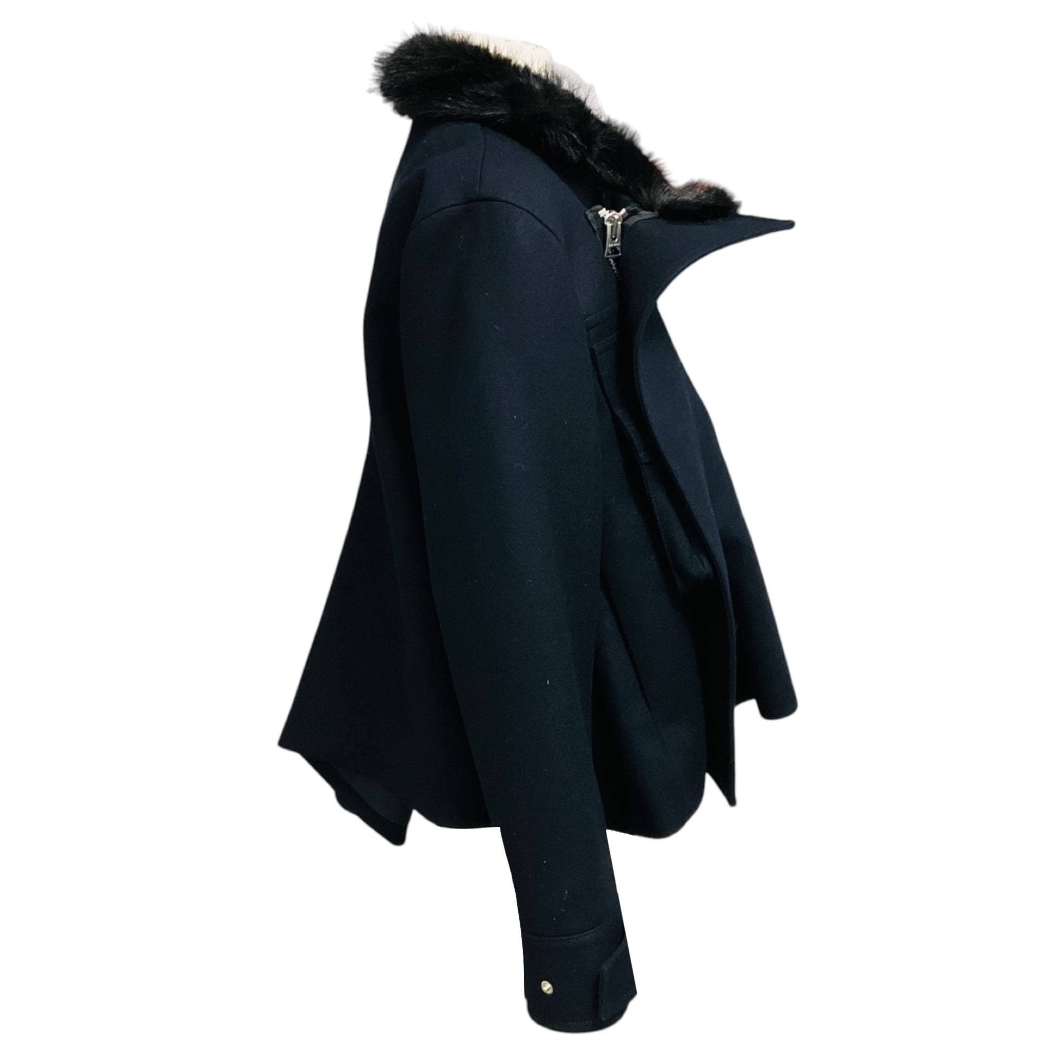 Sacai Navy Blue Wool Melton Blouson Jacket with Black Faux Fur Trim