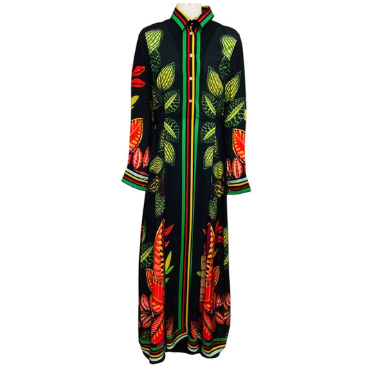 Elie Saab Black / Yellow / Red / Green Multi Leaf Print Silk Maxi Dress