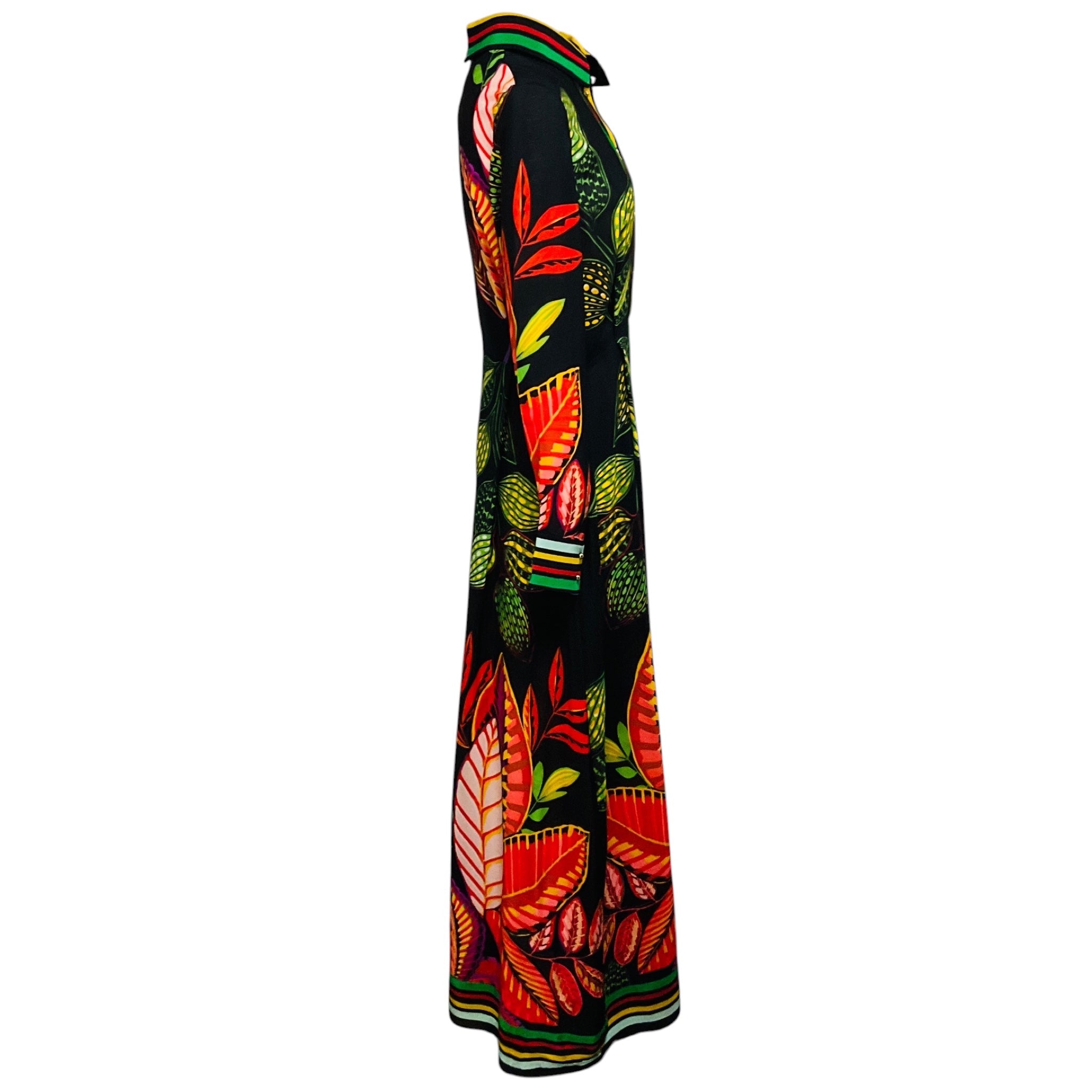 Elie Saab Black / Yellow / Red / Green Multi Leaf Print Silk Maxi Dress
