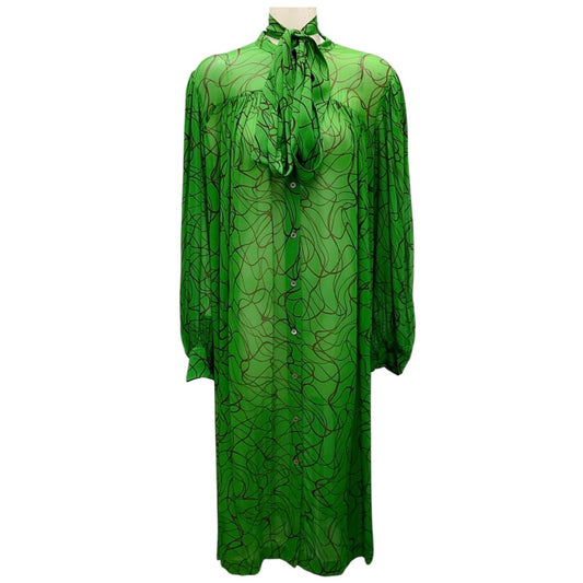 Dries Van Noten Green Tie Neck Long Sleeved Button Front Sheer Midi Dress