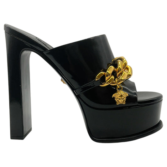 Versace Black Patent Leather Medusa Chain Platform Mules