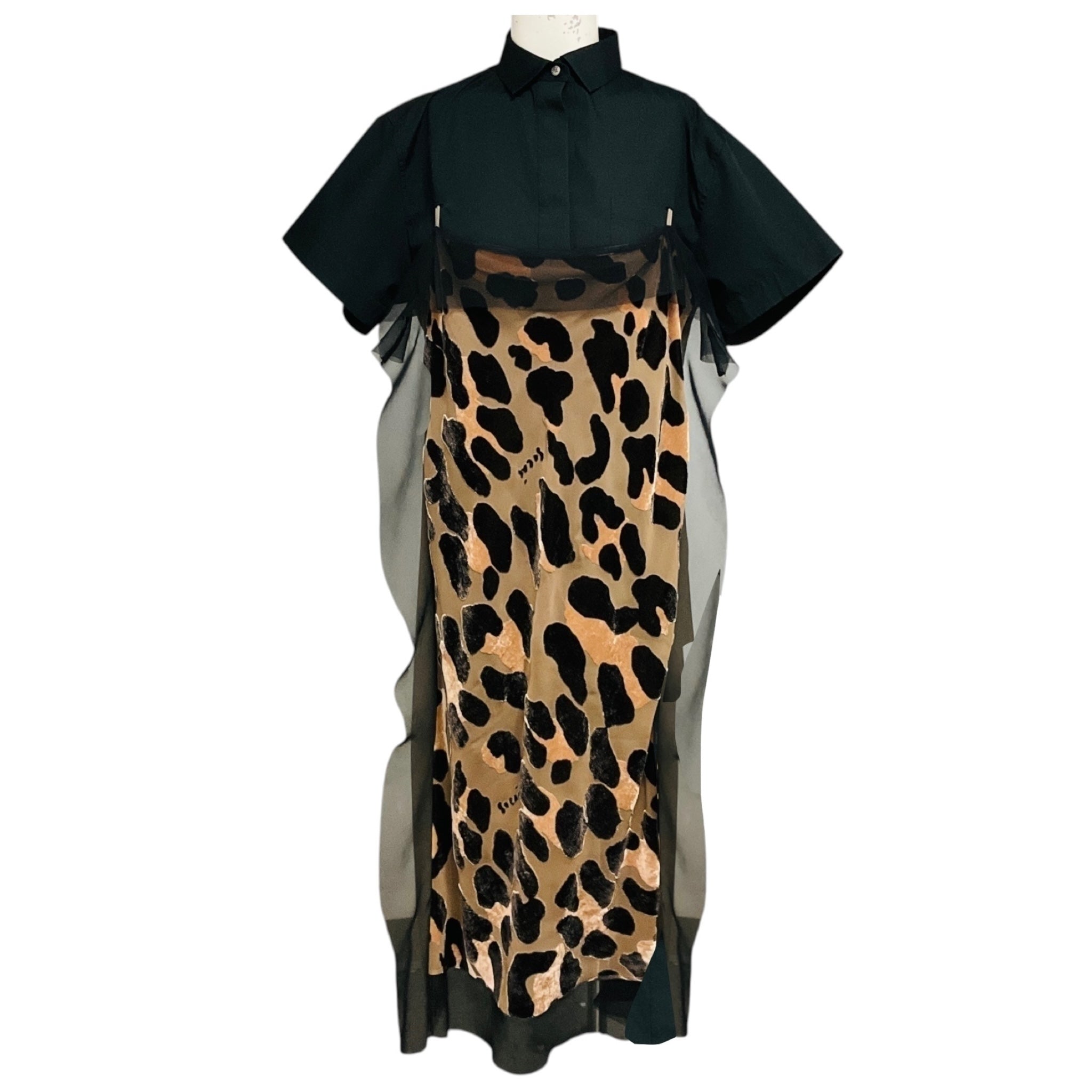 Sacai Tan / Black Multi Mixed Media Leopard Print Midi Dress