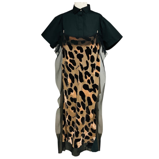 Sacai Tan / Black Multi Mixed Media Leopard Print Midi Dress