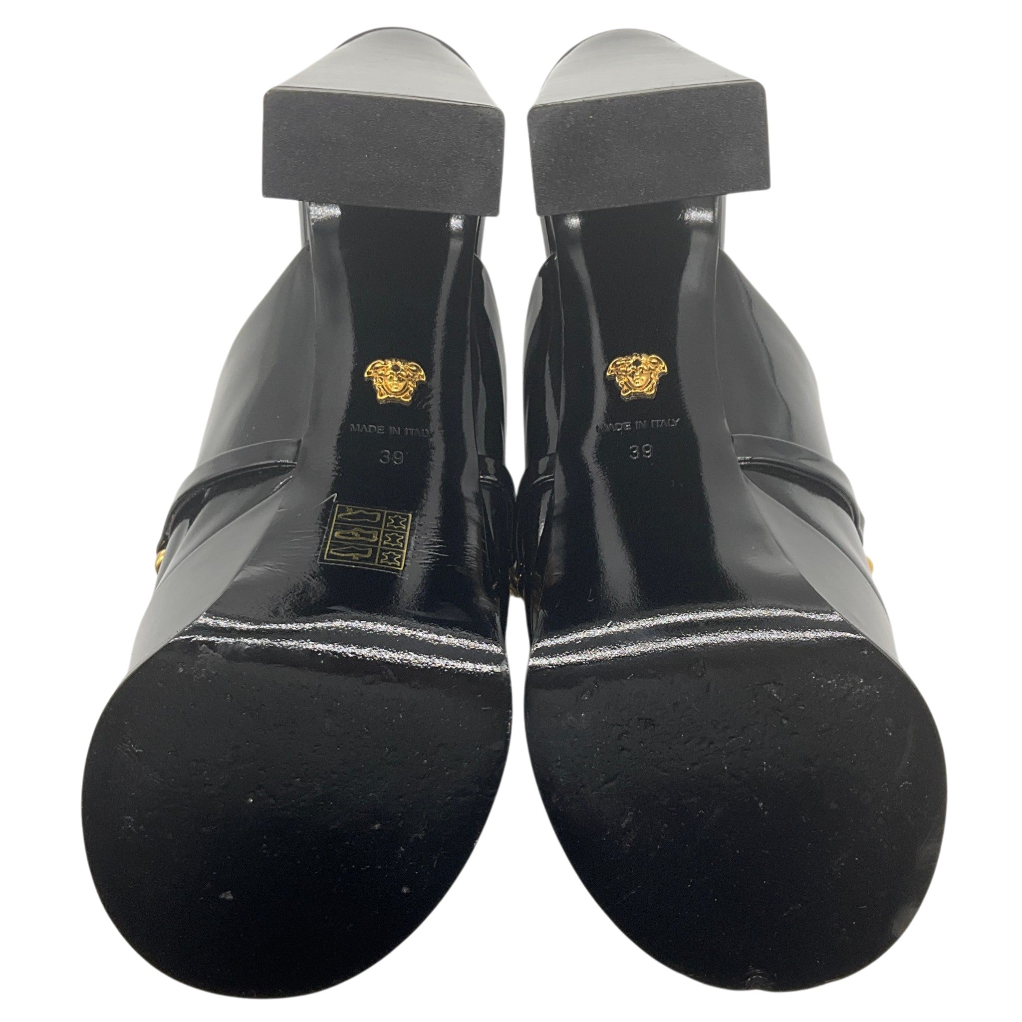 Versace Black Patent Leather Medusa Chain Platform Mules