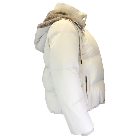 Brunello Cucinelli Ivory / Grey Shearling Trimmed Monili Beaded Detail Quilted Puffer Jacket