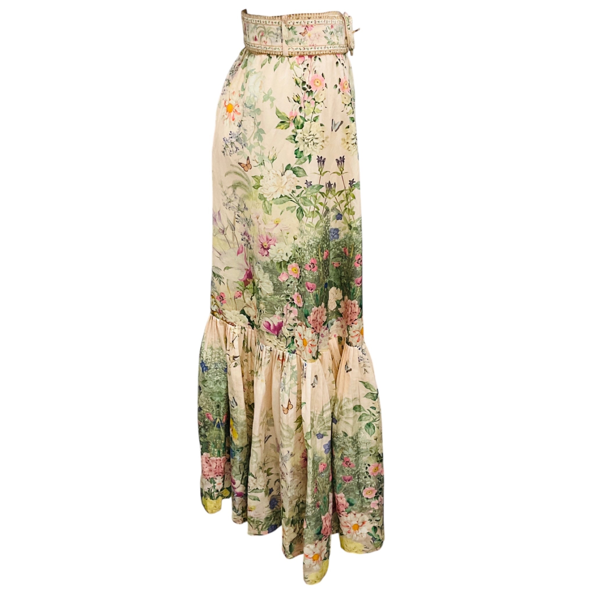 Camilla Light Pink Multi Palacio Playground Print Maxi Skirt with Deep Hem Frill and Belt