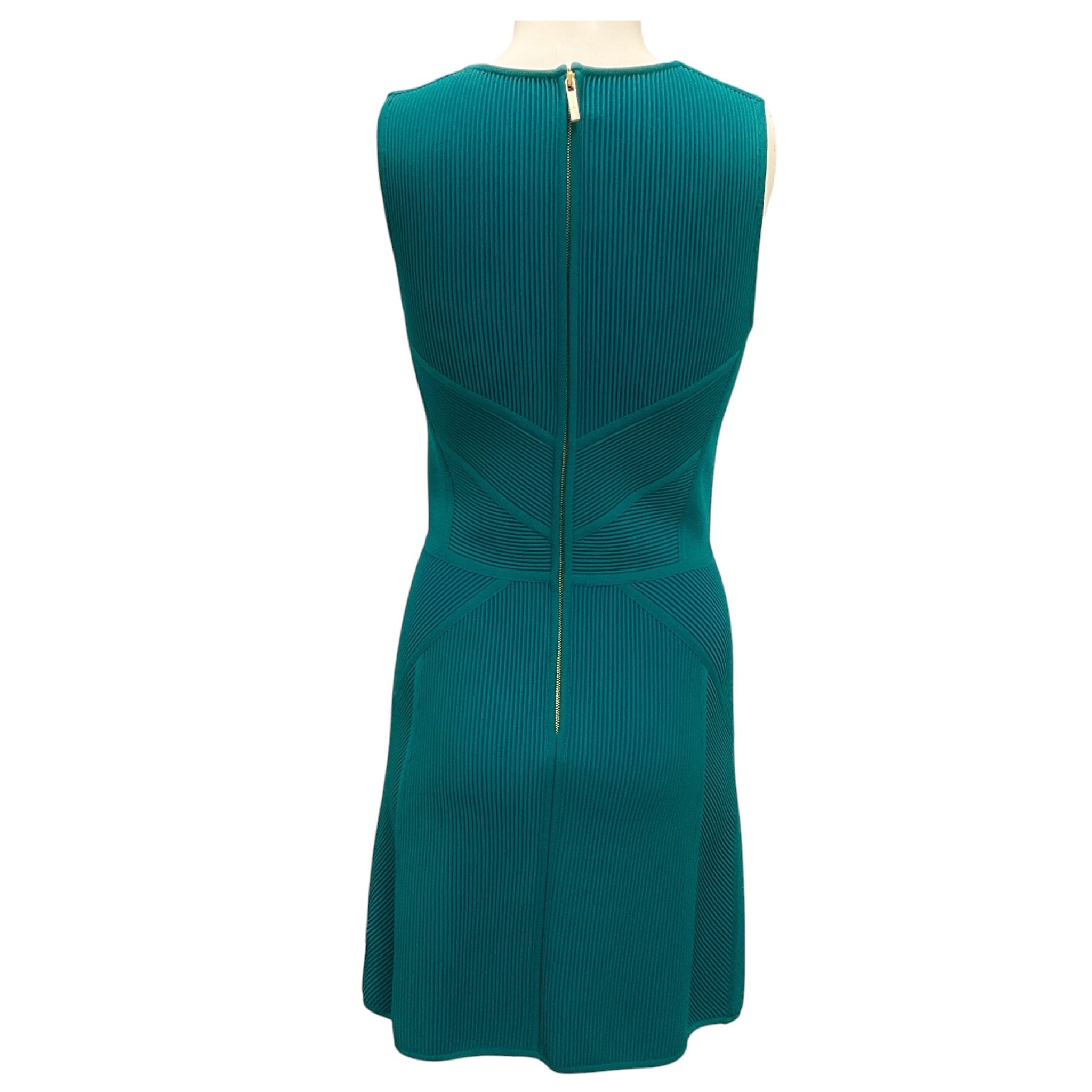 Elie Saab Teal Sleeveless Ribbed Knit Fitted Dress