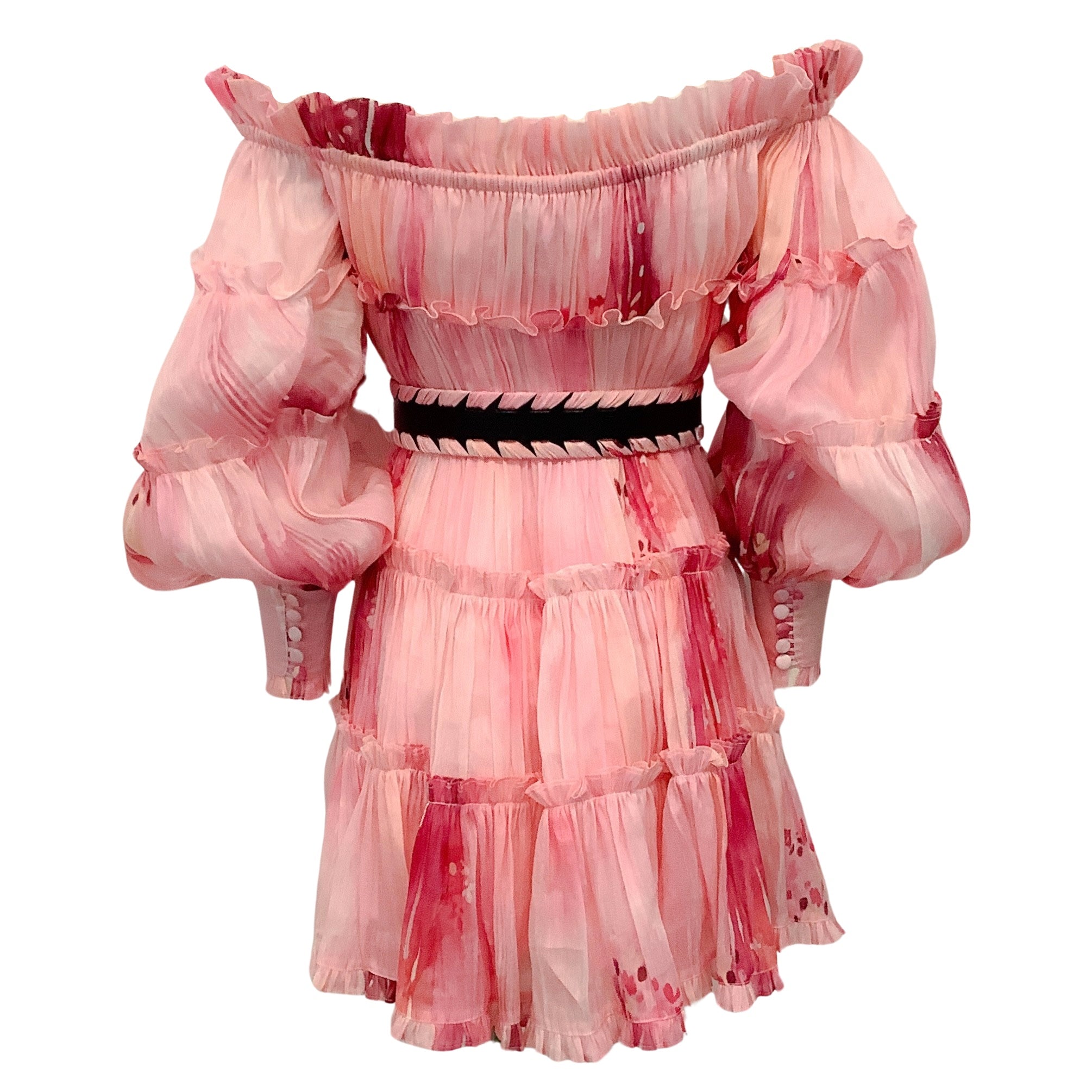 Leo Lin Pink Off Shoulder Leila Tiered Belted Dress