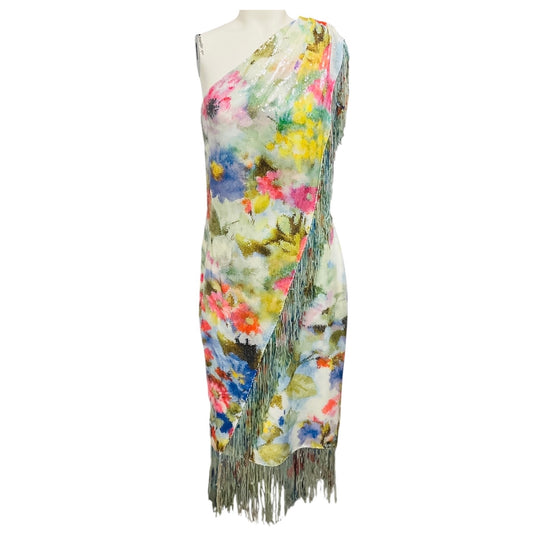 Badgley Mischka Green Multi Sequined One Shoulder Cocktail Dress with Fringe Detail