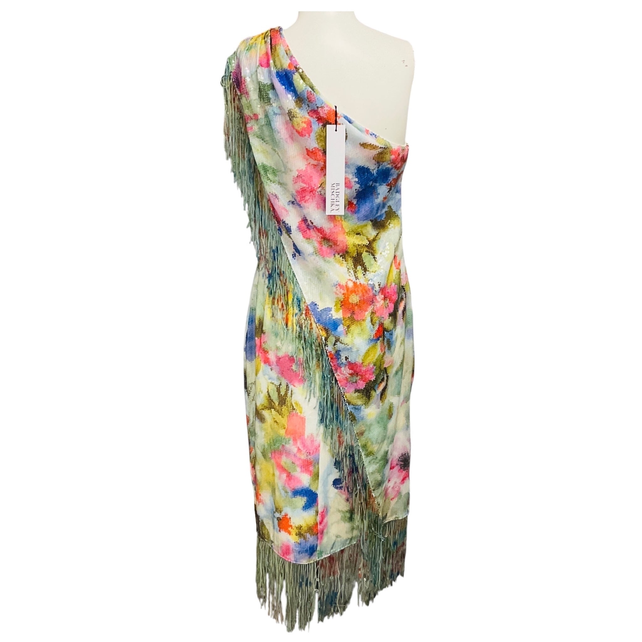 Badgley Mischka Green Multi Sequined One Shoulder Cocktail Dress with Fringe Detail