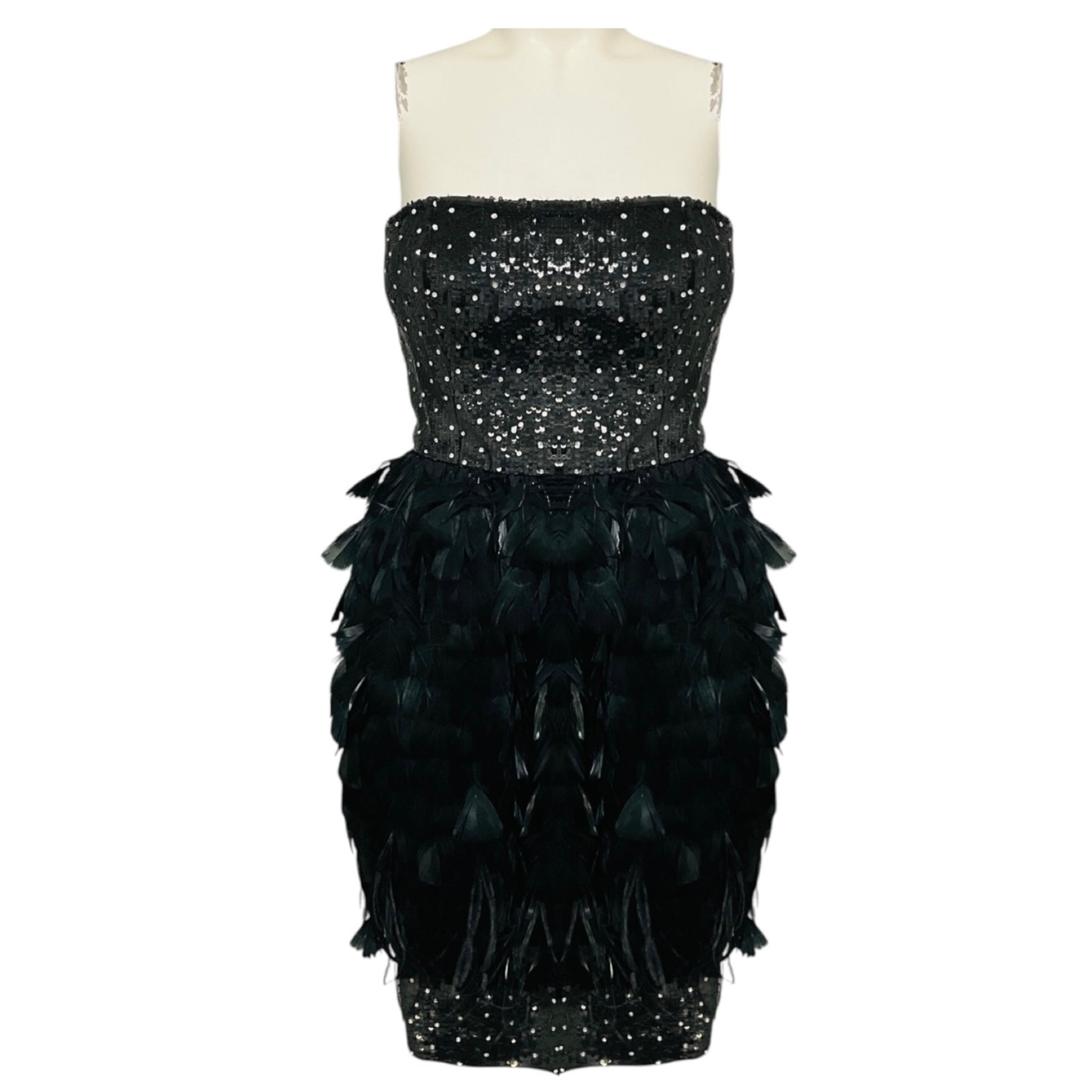 Oscar de la Renta Black Sequin and Feather Embellished Strapless Cocktail Dress