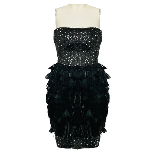 Oscar de la Renta Black Sequin and Feather Embellished Strapless Cocktail Dress
