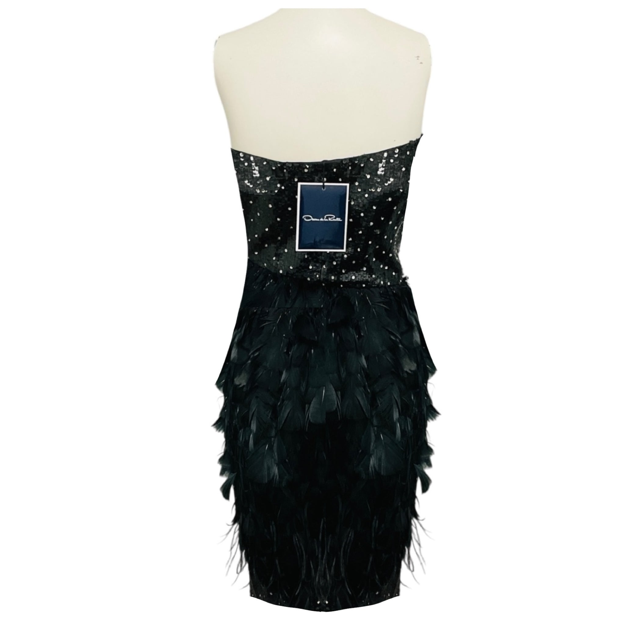 Oscar de la Renta Black Sequin and Feather Embellished Strapless Cocktail Dress