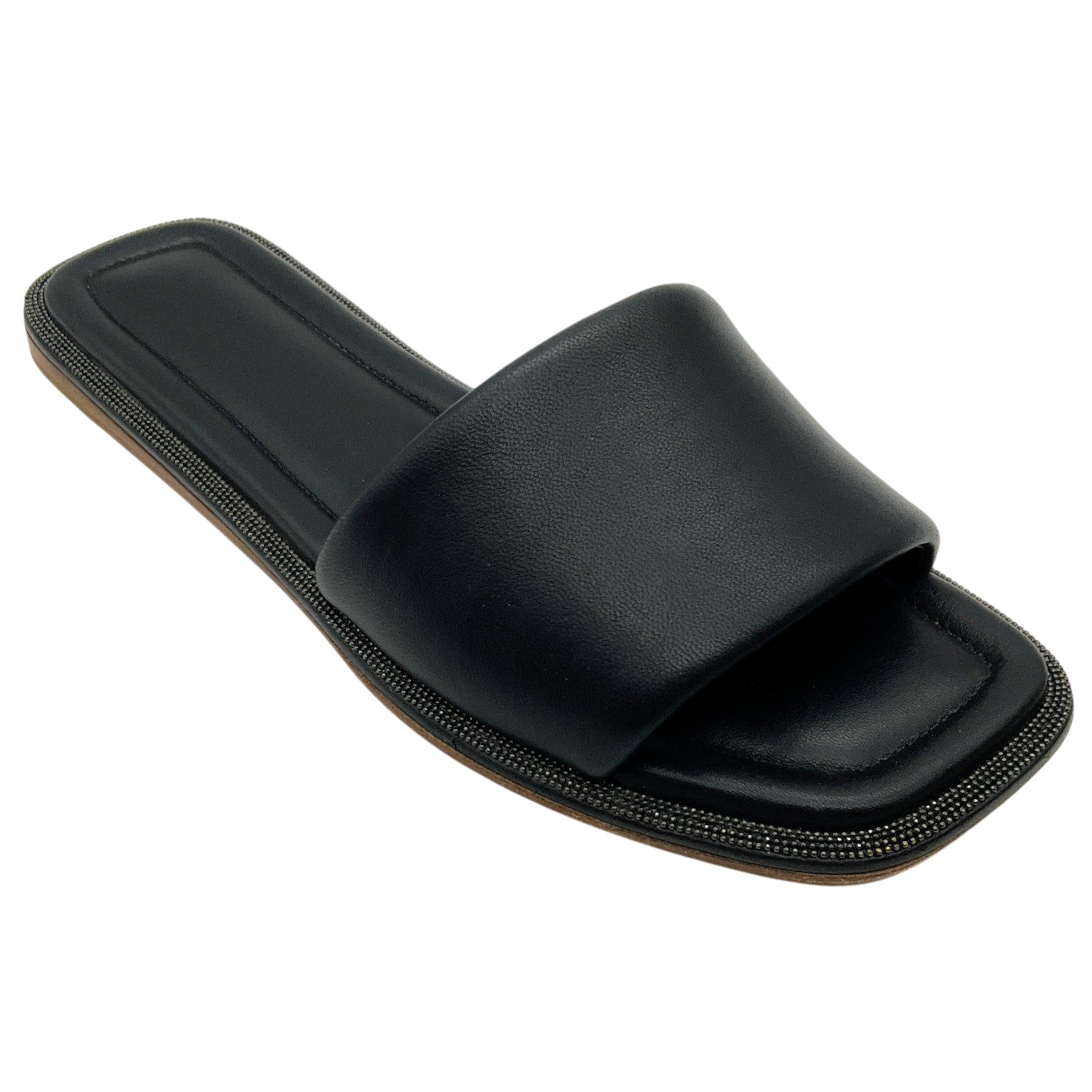 Brunello Cucinelli Black Leather Slide Sandals with Monili
