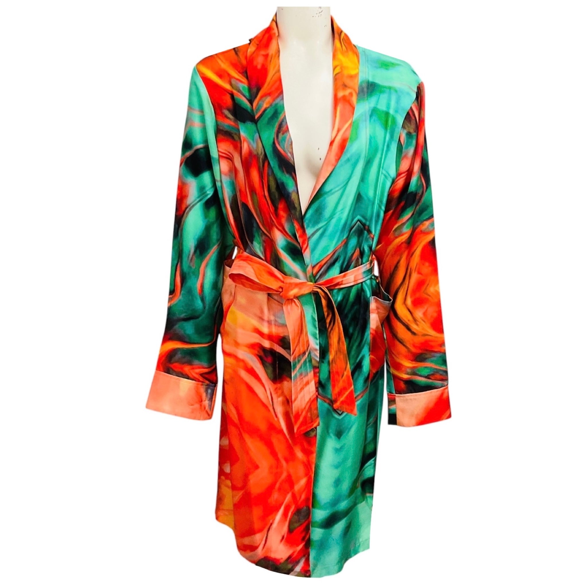 Aliette Green / Orange Multi Printed Silk Robe with Belt