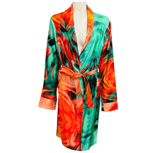 Aliette Green / Orange Multi Printed Silk Robe with Belt