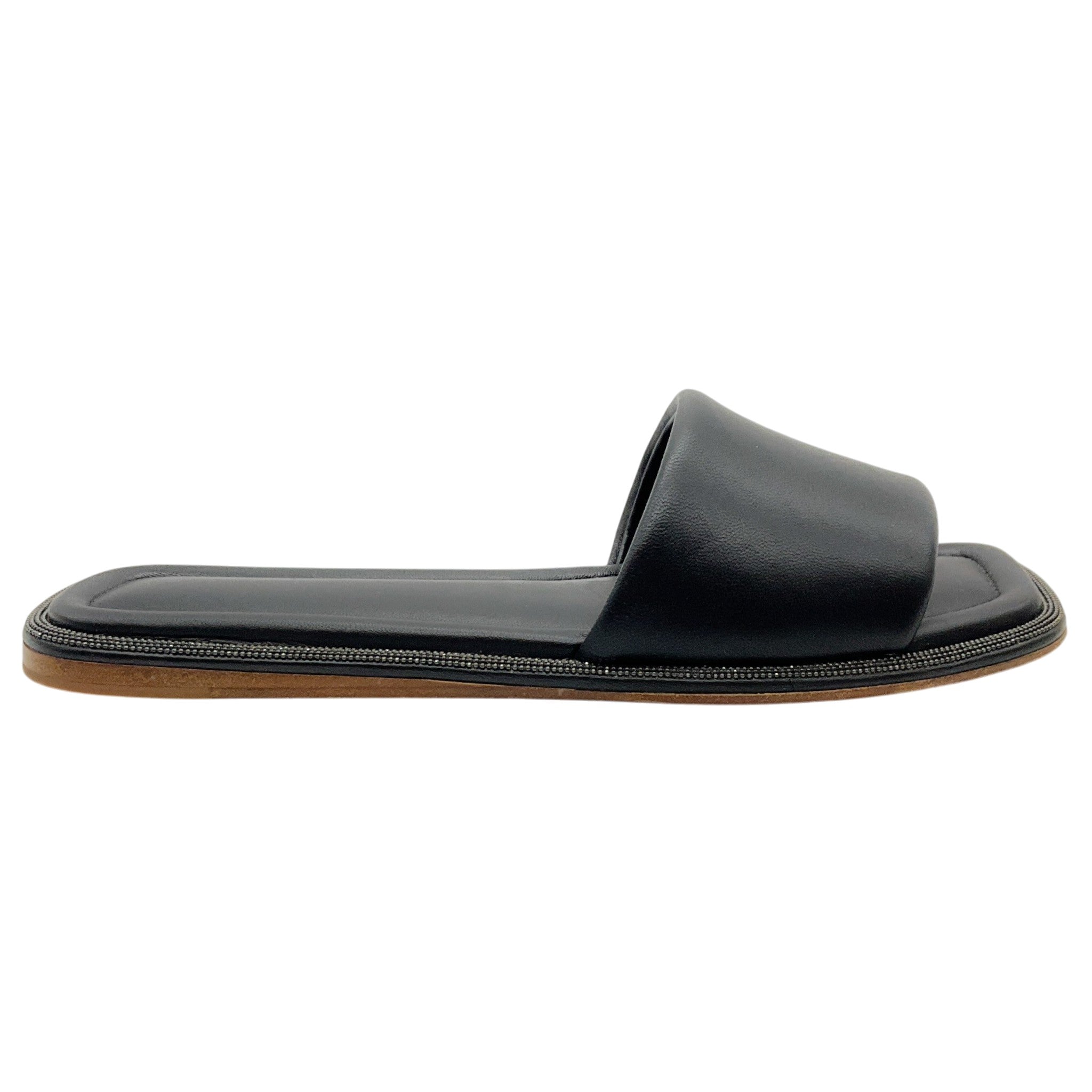 Brunello Cucinelli Black Leather Slide Sandals with Monili