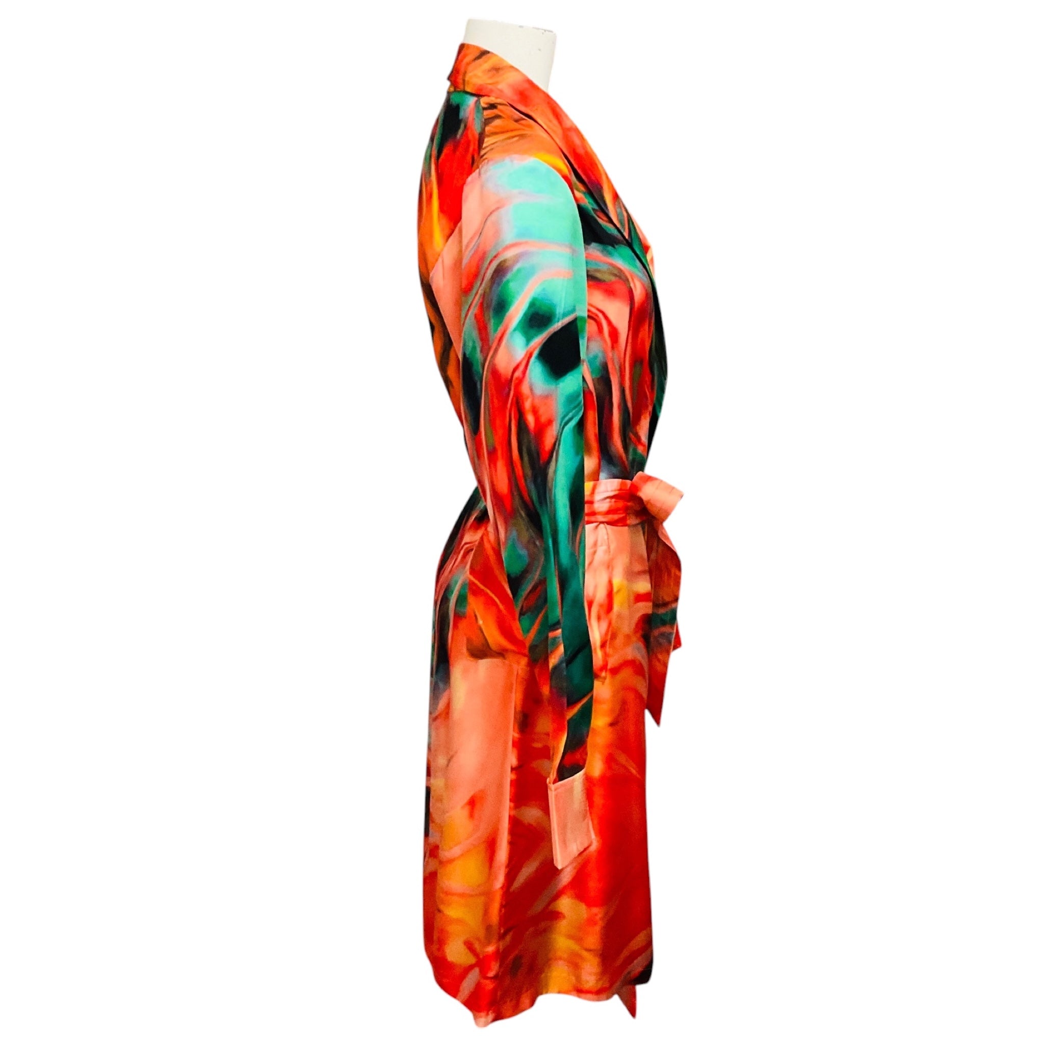 Aliette Green / Orange Multi Printed Silk Robe with Belt