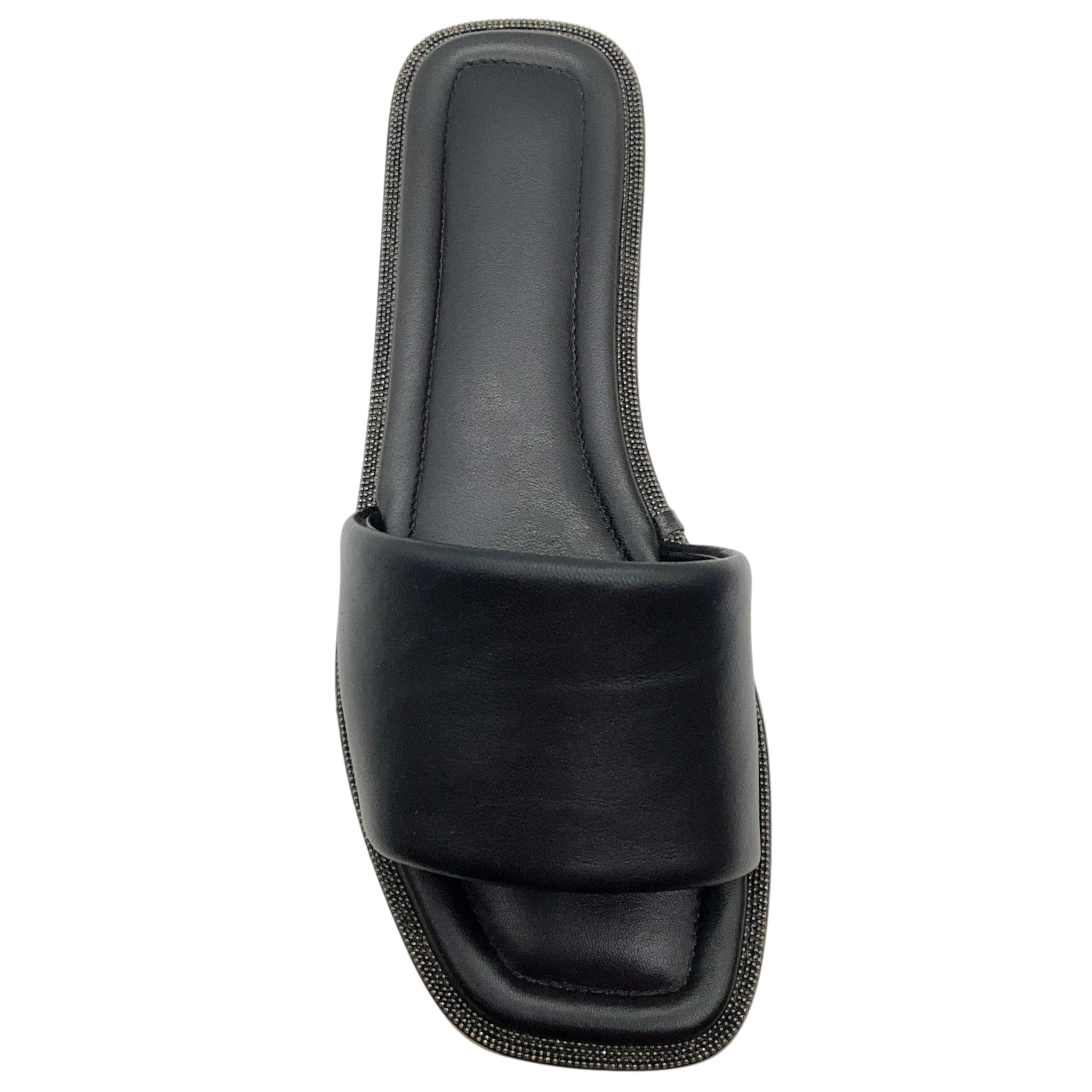 Brunello Cucinelli Black Leather Slide Sandals with Monili