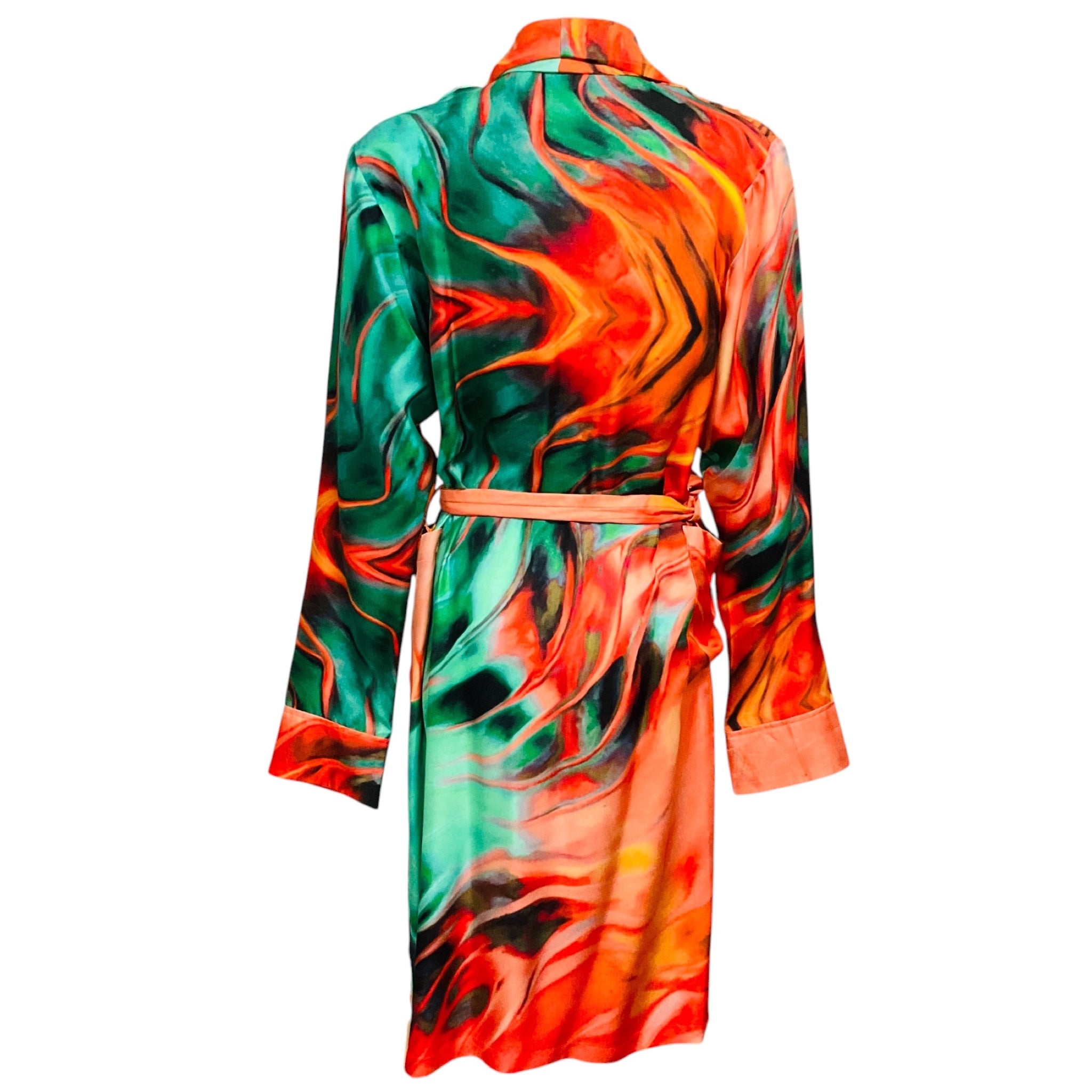Aliette Green / Orange Multi Printed Silk Robe with Belt