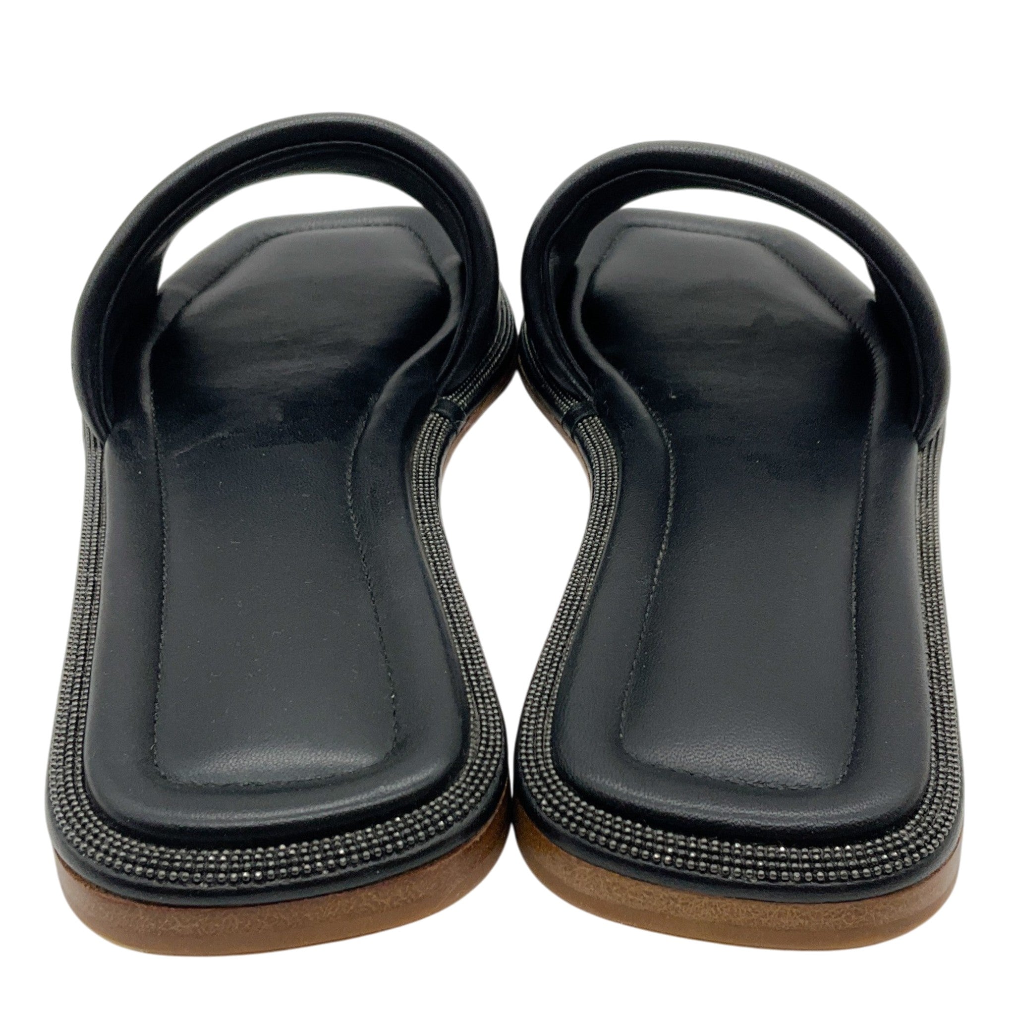 Brunello Cucinelli Black Leather Slide Sandals with Monili