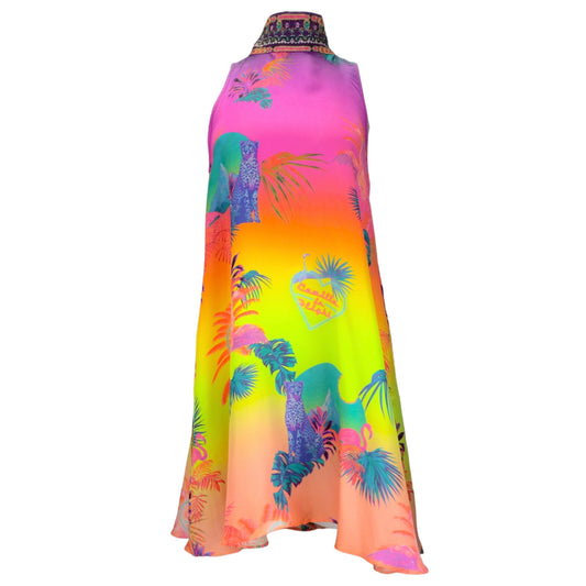 Camilla Multicolored Embellished Tie-Neck Palm Print Silk Short Dress