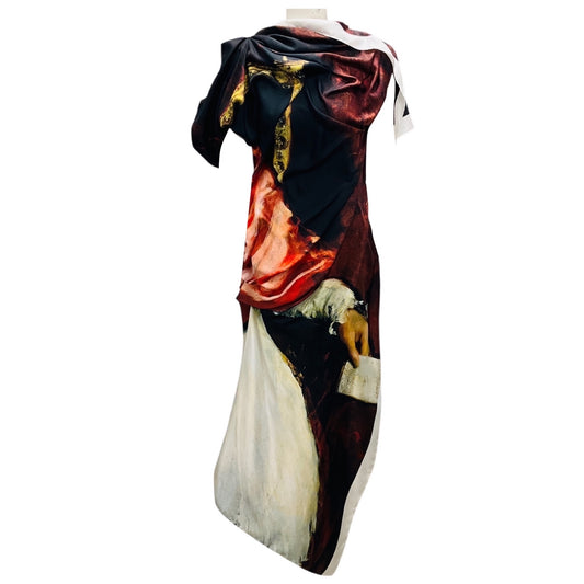 McQueen Multicolor Velazquez Asymmetric Printed Silk Midi Dress