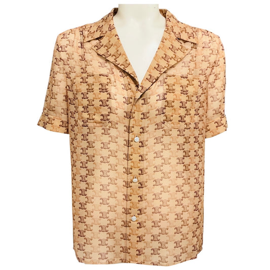 Celine Tan Triomphe Monogram Logo Print Silk Georgette Pajama Shirt