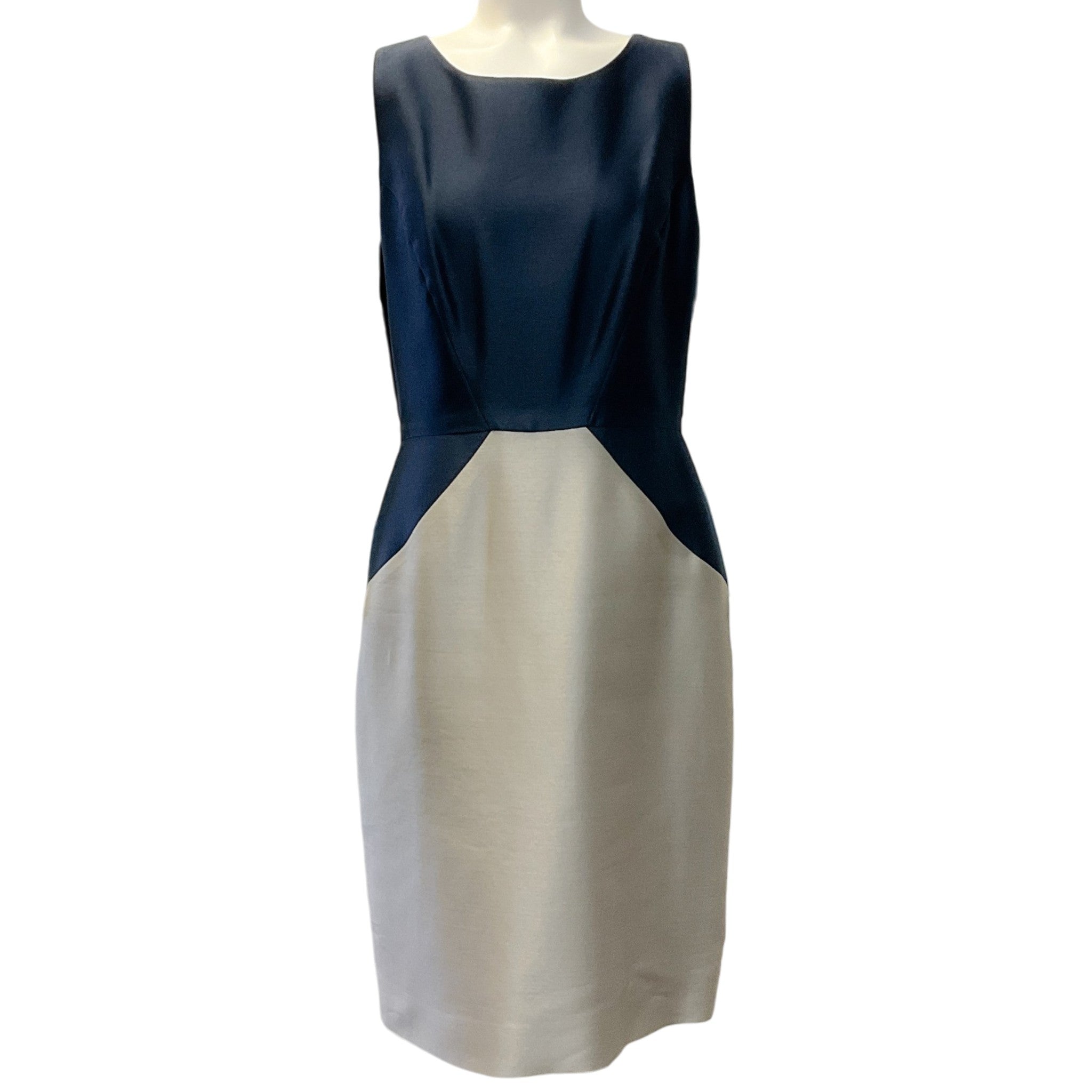 Oscar de la Renta Navy / Beige Cotton / Silk Sleeveless Dress
