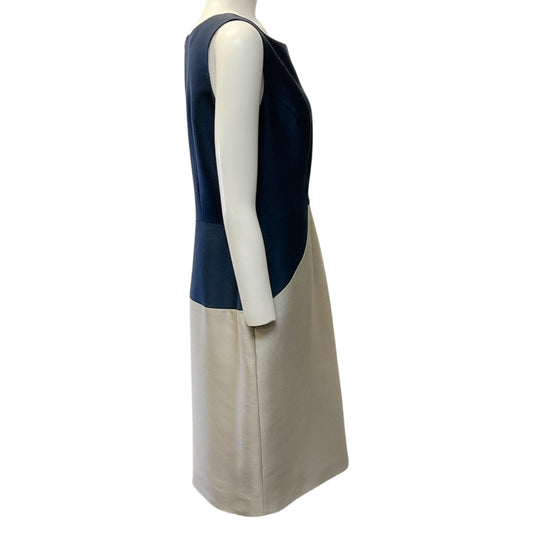 Oscar de la Renta Navy / Beige Cotton / Silk Sleeveless Dress