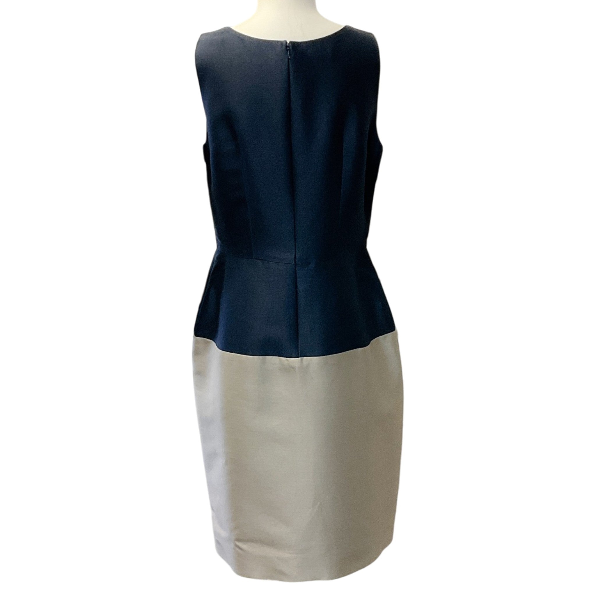 Oscar de la Renta Navy / Beige Cotton / Silk Sleeveless Dress