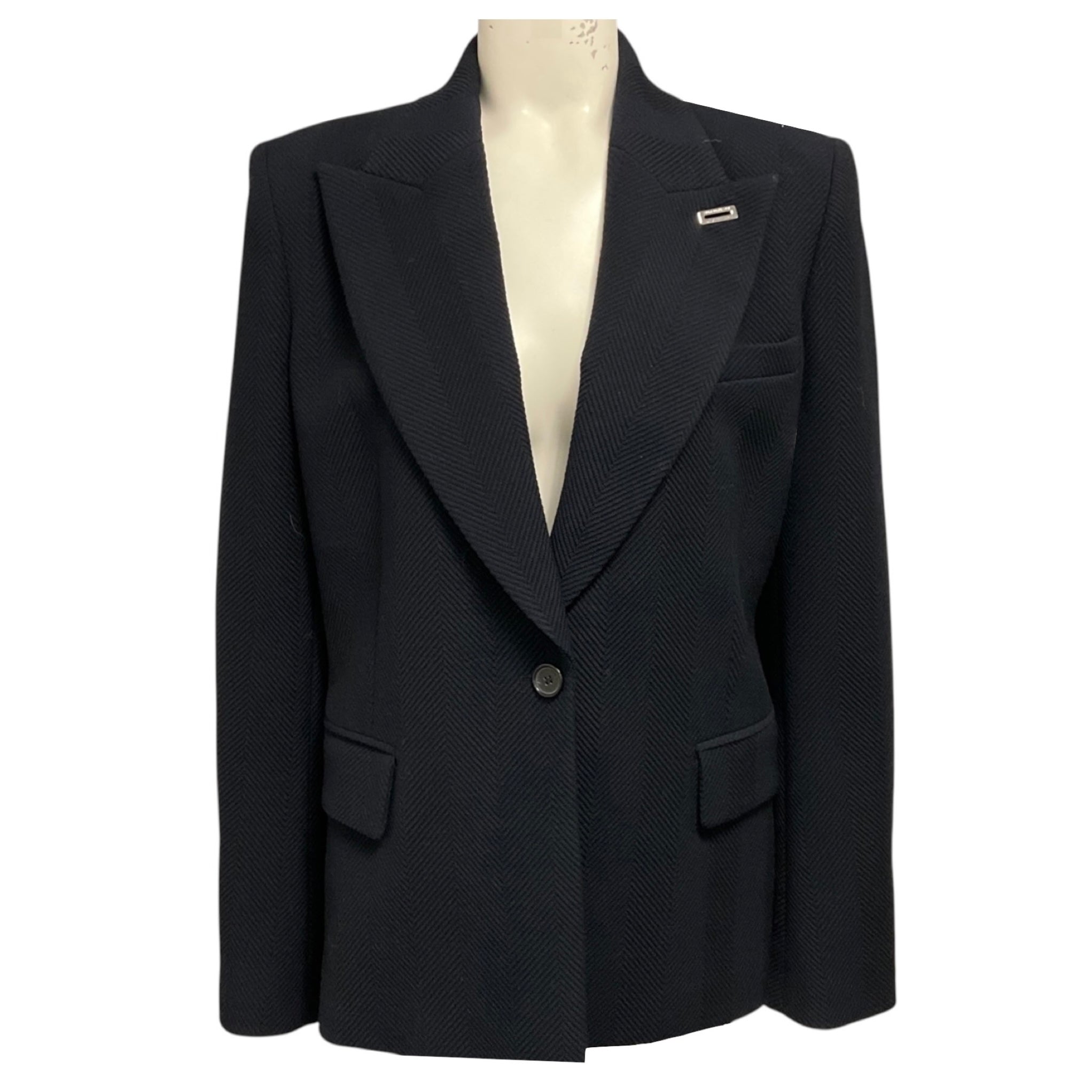 Barbara Bui Navy Blue Ribbed One Button Wool Blazer