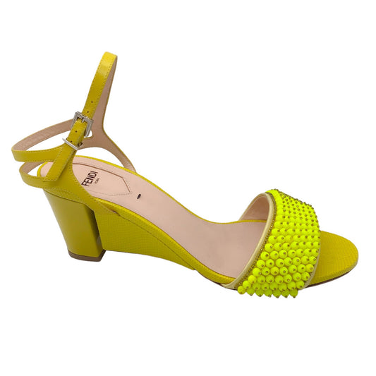 Fendi Yellow Bead Embellished Embossed Leather Wedge Sandals