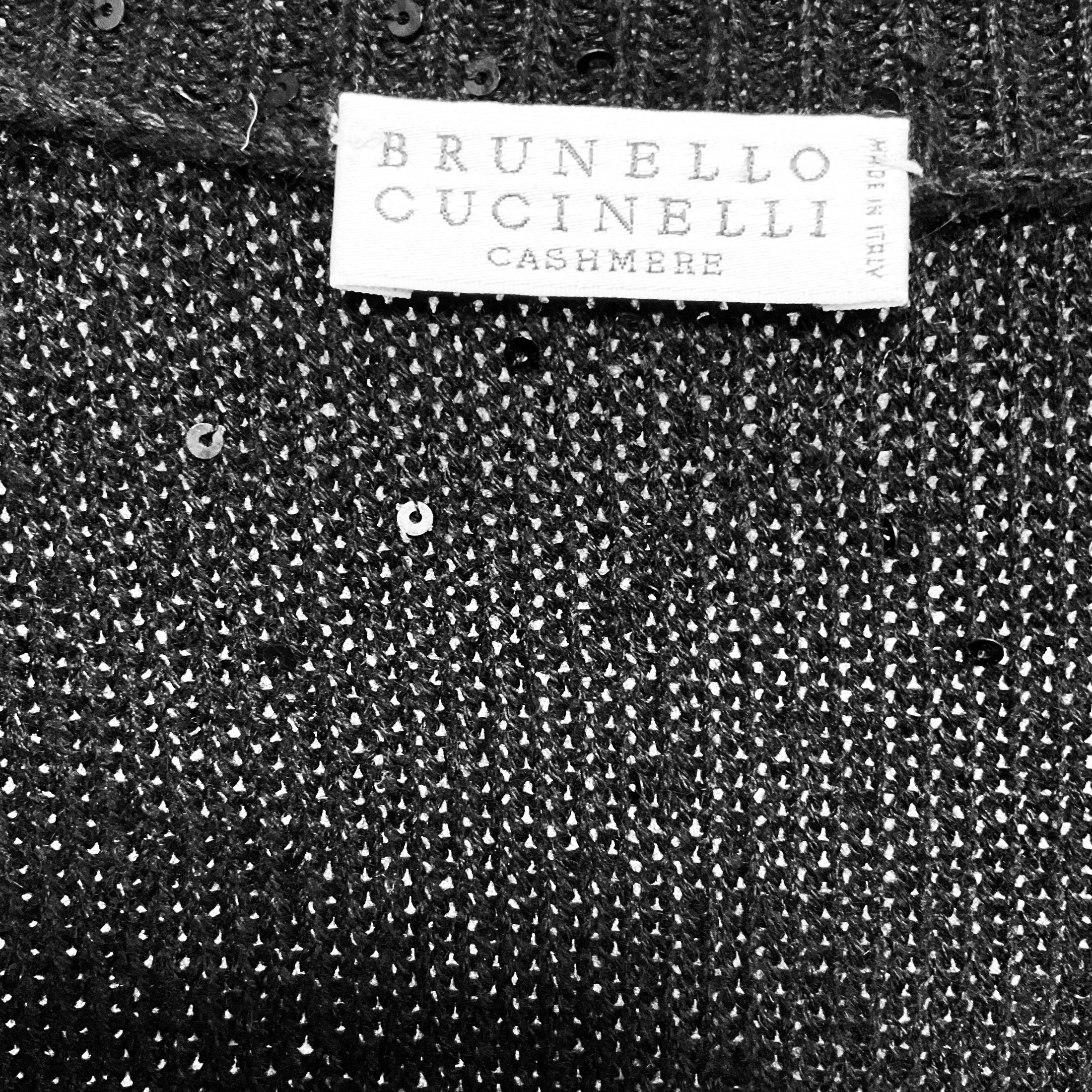 Brunello Cucinelli Black Sequined Cashmere and Silk Knit High Low Sweater