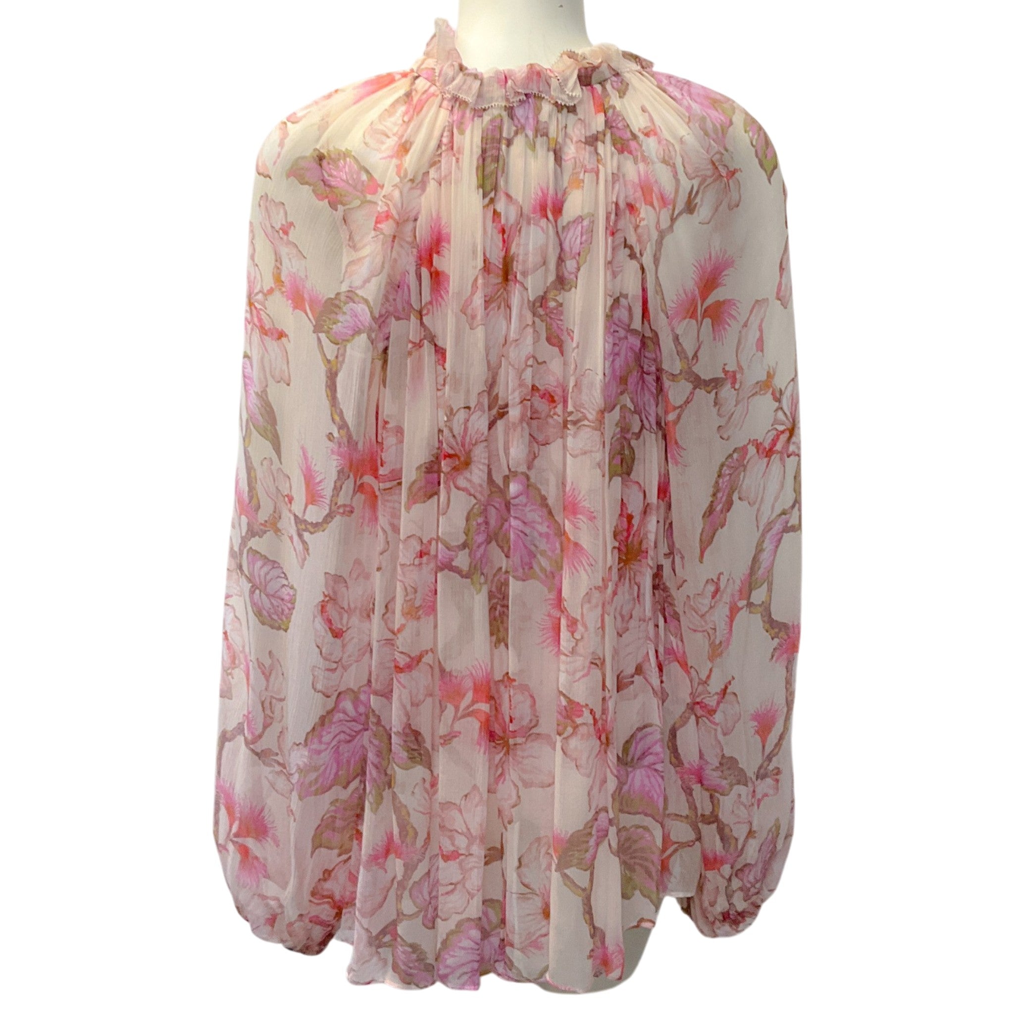 Zimmermann Coral Hibiscus Sheer Floral Print Matchmaker Billow Blouse