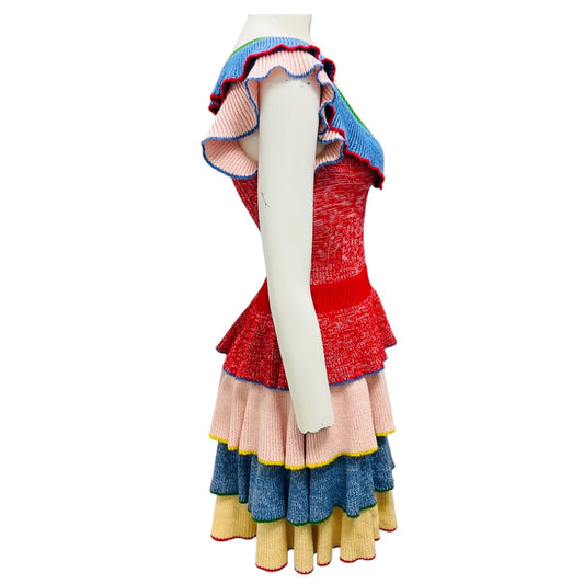 Alexander McQueen Red / Blue Multi Ruffled Knit Tiered Dress