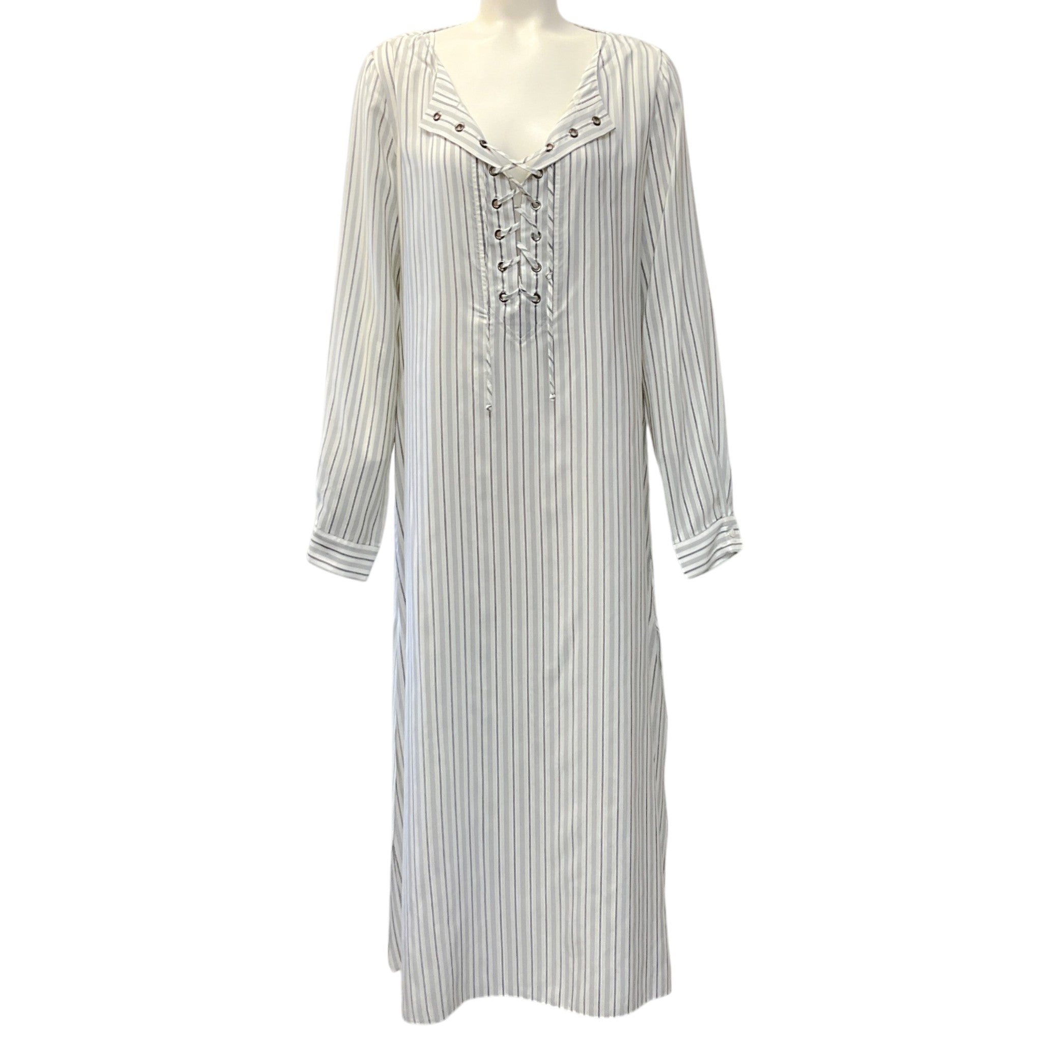 Carolina Herrera Ivory / Grey Pinstriped Kaftan Maxi Dress

