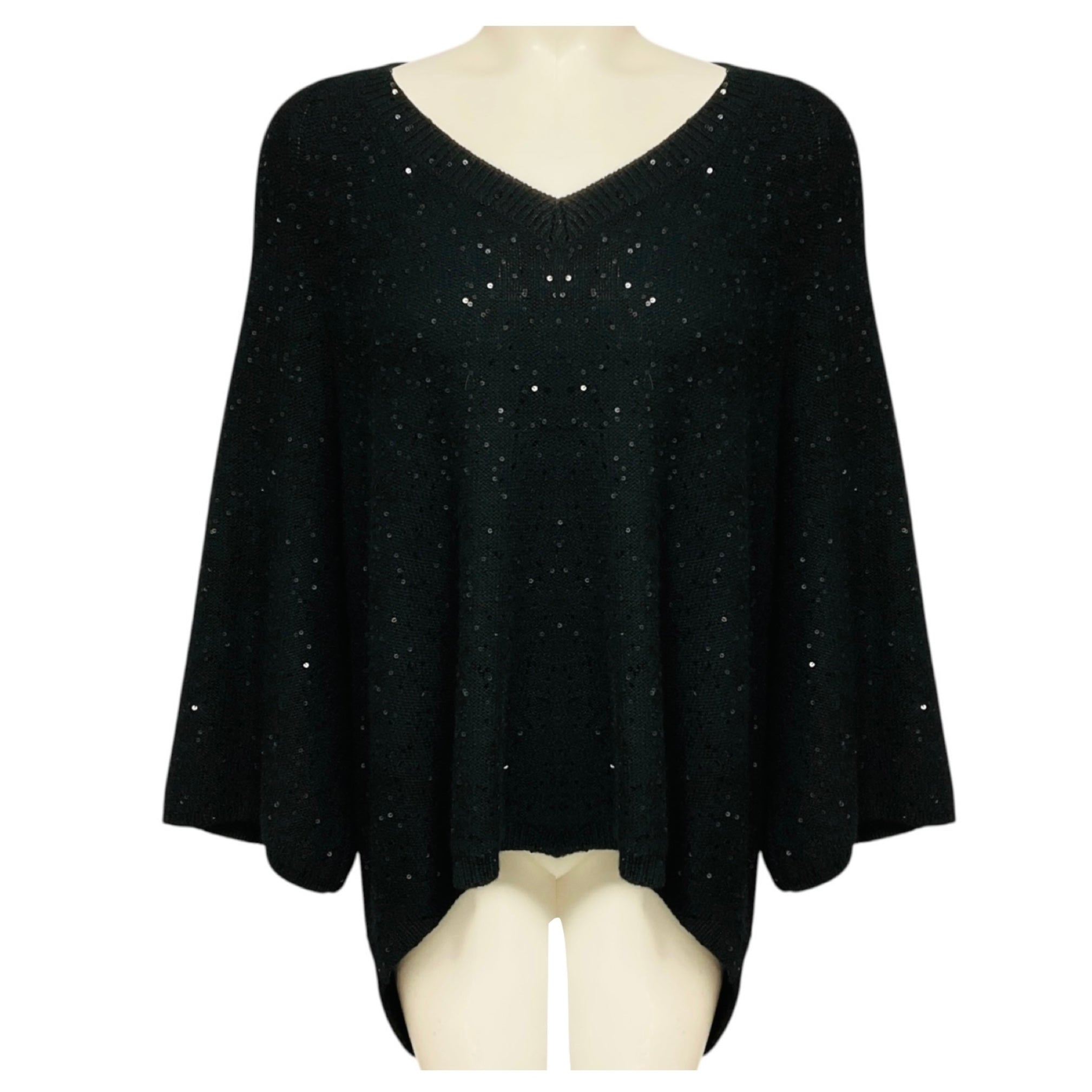 Brunello Cucinelli Black Sequined Cashmere and Silk Knit High Low Sweater