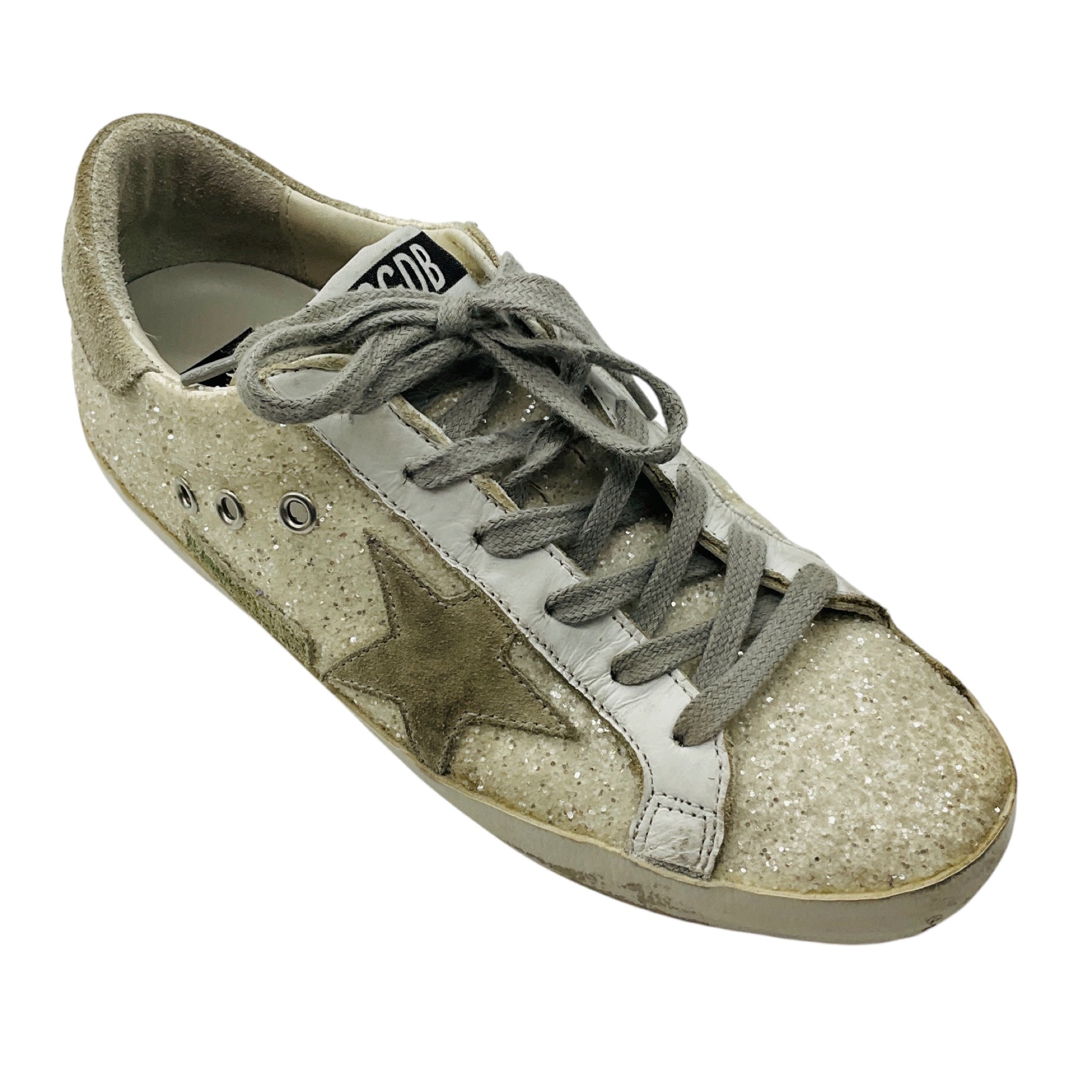Golden Goose Deluxe Brand White / Grey Suede Trimmed Glitter Low Top Superstar Sneakers
