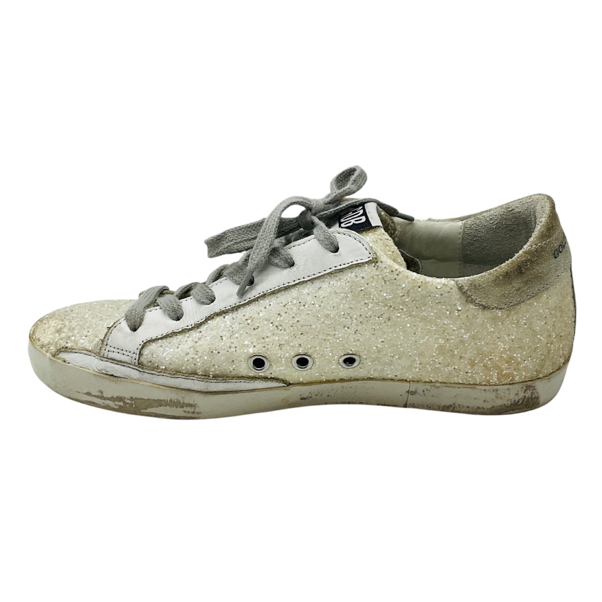 Golden Goose Deluxe Brand White / Grey Suede Trimmed Glitter Low Top Superstar Sneakers