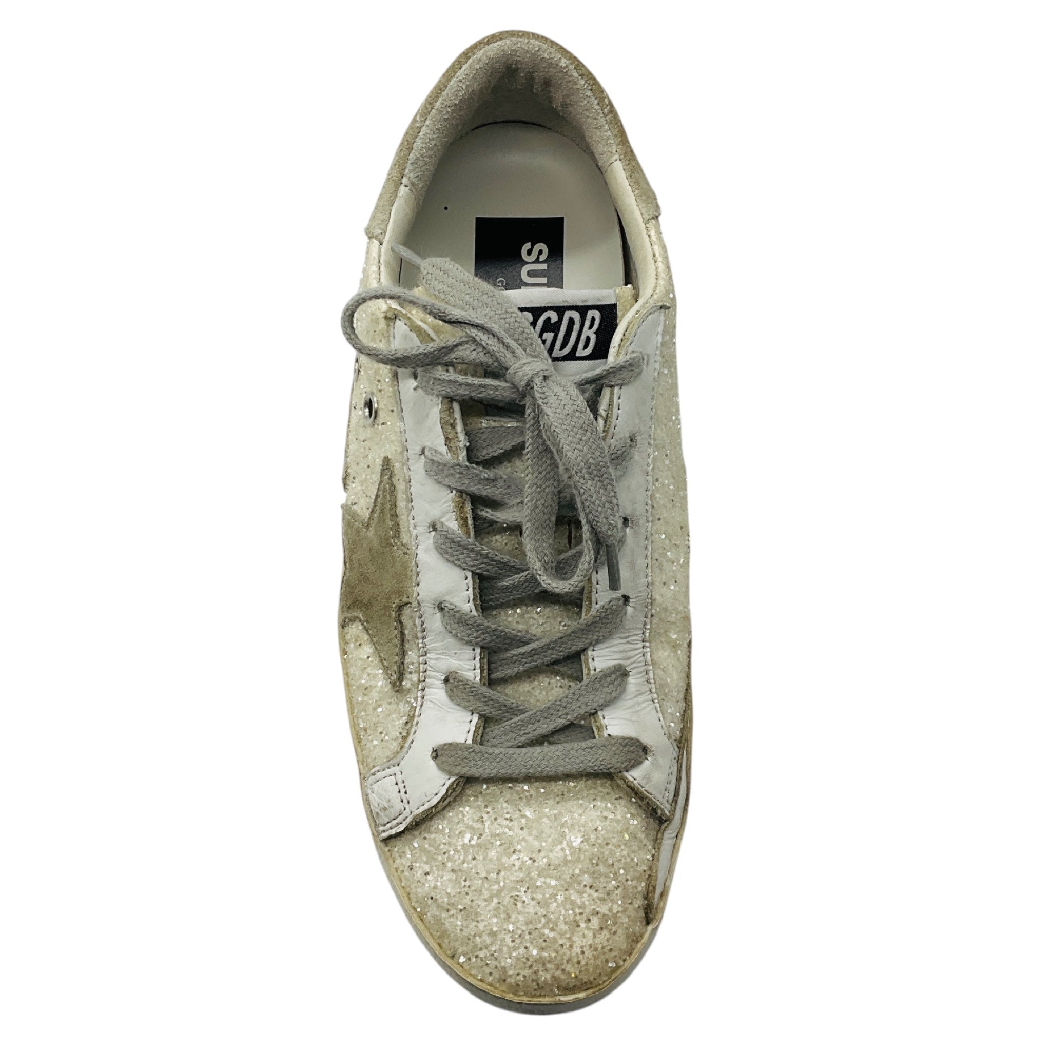 Golden Goose Deluxe Brand White / Grey Suede Trimmed Glitter Low Top Superstar Sneakers