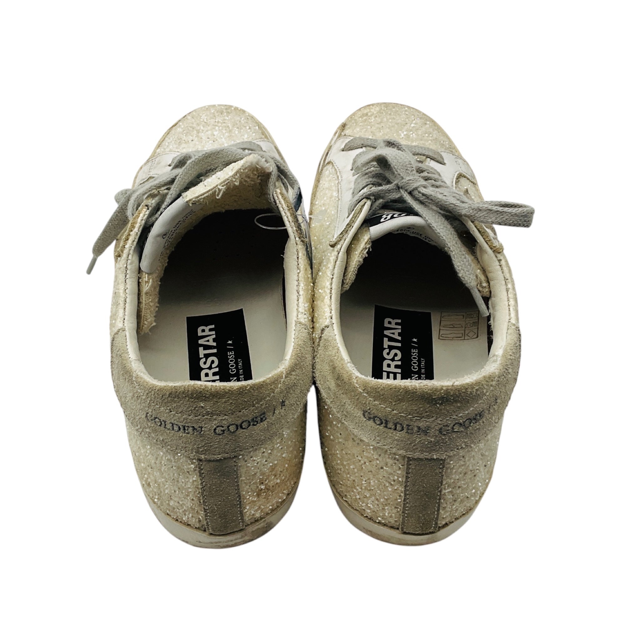 Golden Goose Deluxe Brand White / Grey Suede Trimmed Glitter Low Top Superstar Sneakers