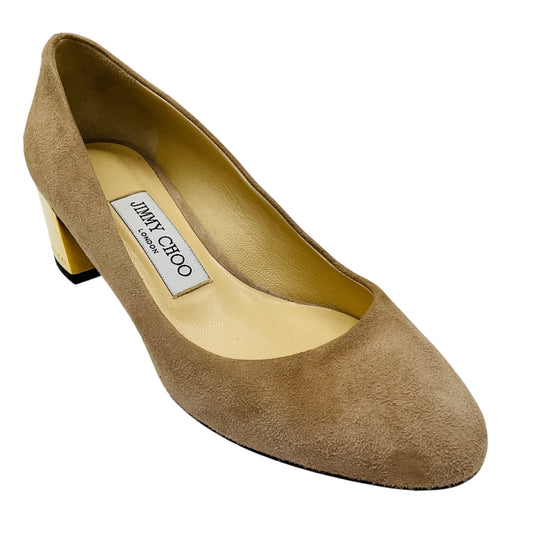 Jimmy Choo Nude Round Toe Suede Pumps with Gold Heel