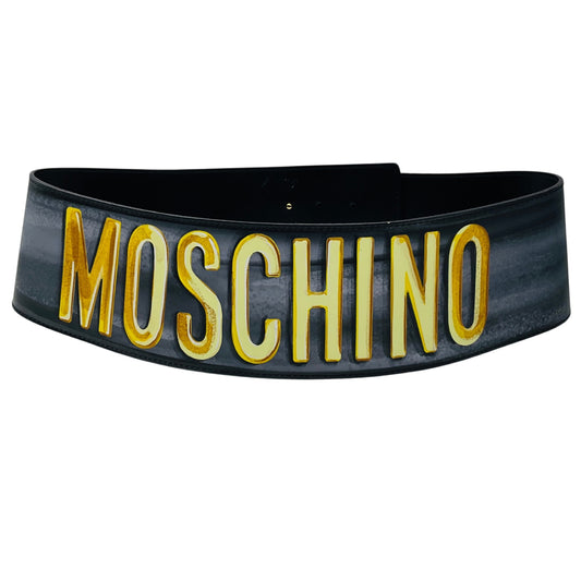 Moschino Black / Gold Logo Graphic Painted Genuine Leather Wide Belt