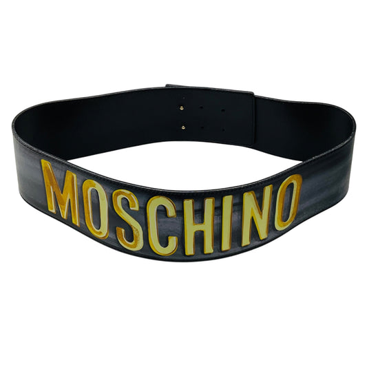 Moschino Black / Gold Logo Graphic Painted Genuine Leather Wide Belt