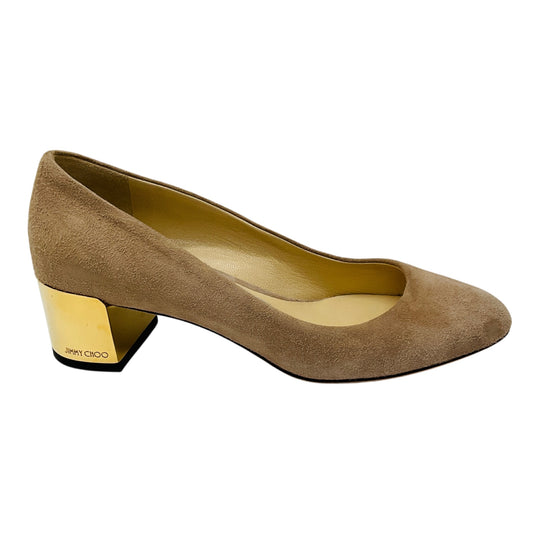 Jimmy Choo Nude Round Toe Suede Pumps with Gold Heel