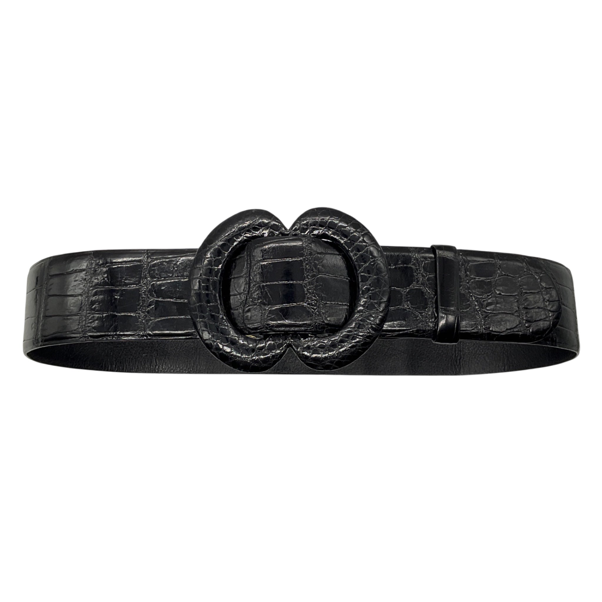 Oscar de la Renta Black Genuine American Alligator Skin Leather Wide Belt